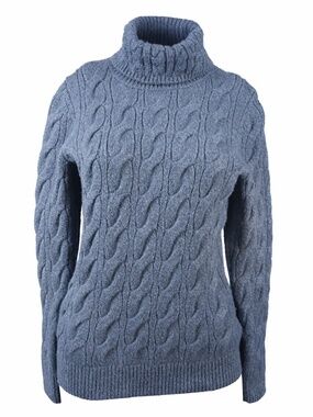 L.L.Bean Cable Knit Turtleneck Sweater M Wool Blend Navy Classic Cozy